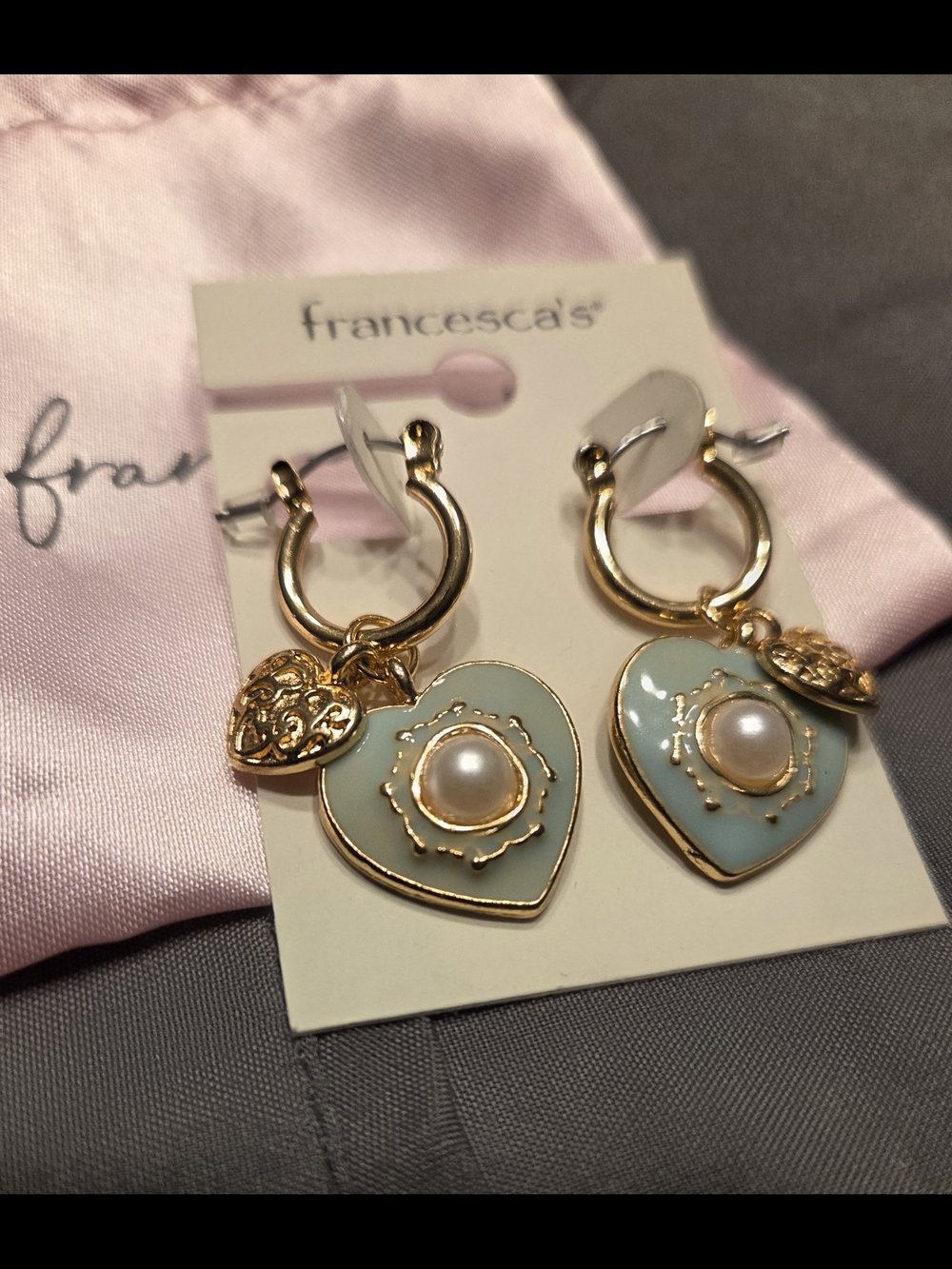 Francesca's Collections Gold & Light Blue Heart Drop Earrings with Pearl Accent